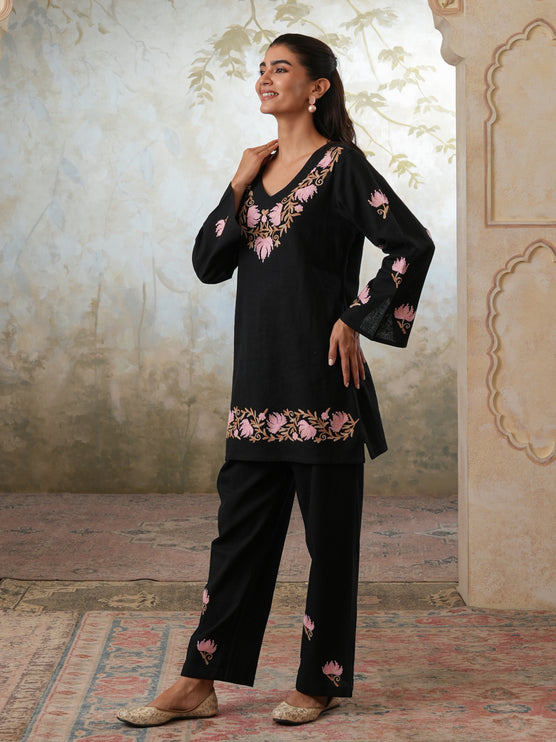 Qazmi Women's Kashmiri Chinarkari Work Olive Green CoOrd Set