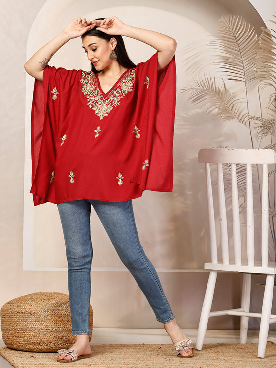 Qazmi Hannah V-Neck Flared Sleeves Aari Work Kaftan Kurti