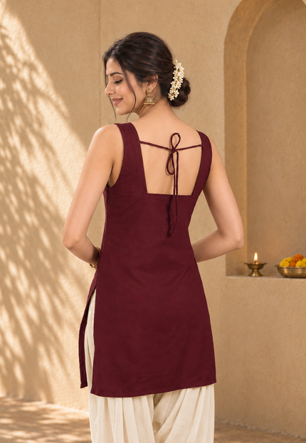 Qazmi Women Embroidered Viscose Rayon Sleeveless Kurti with Square Neck & Tie-Up Back
