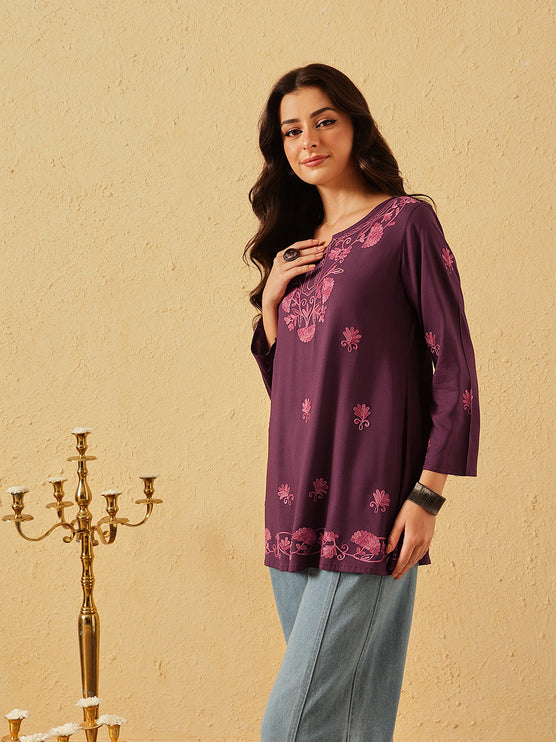 QAZMI Zayesha Kashmiri Aari Embroidered A-Line Flared Kurti