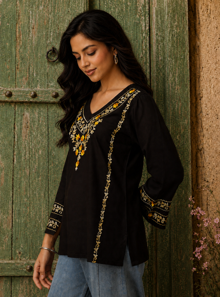 Qazmi Women's Amina Kashmiri Embroidered V-Neck Short Kurti