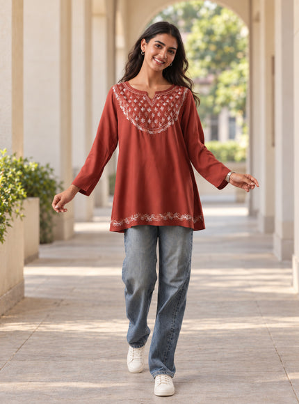 Qazmi Women's Azra Kashmiri A-Line Full Sleeves Viscose Rayon Short Kurti