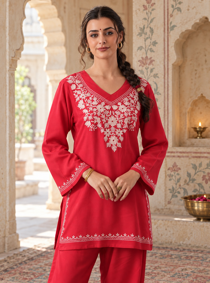 Qazmi Women's Kashmiri Aari Work Red CoOrd Set