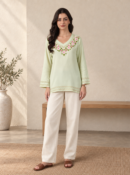 Qazmi Women's Ariana Kashmiri Embroidered V-Neck Short Kurti