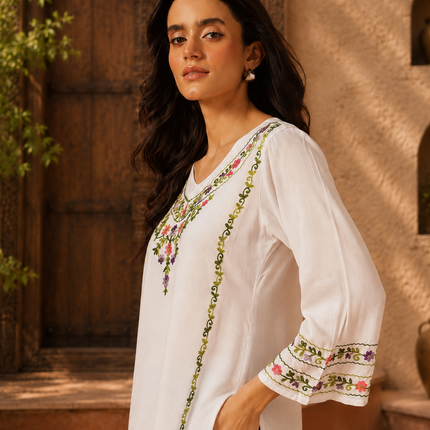 Qazmi Women's Amina Kashmiri Embroidered V-Neck Short Kurti