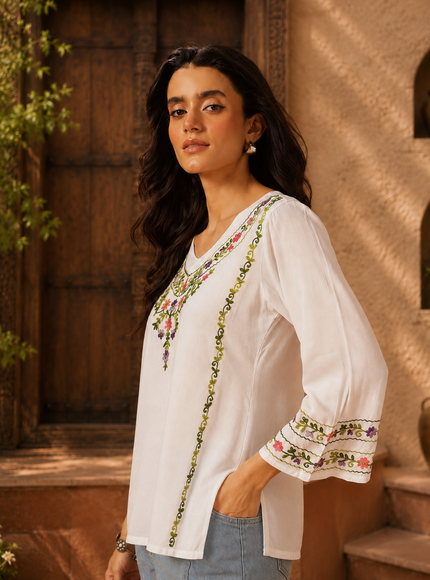 Qazmi Women's Amina Kashmiri Embroidered V-Neck Short Kurti