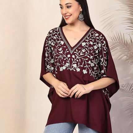 QAZMI Sheen V-Neck Flared Sleeves Kashmiri Aari Work Kaftan Kurti