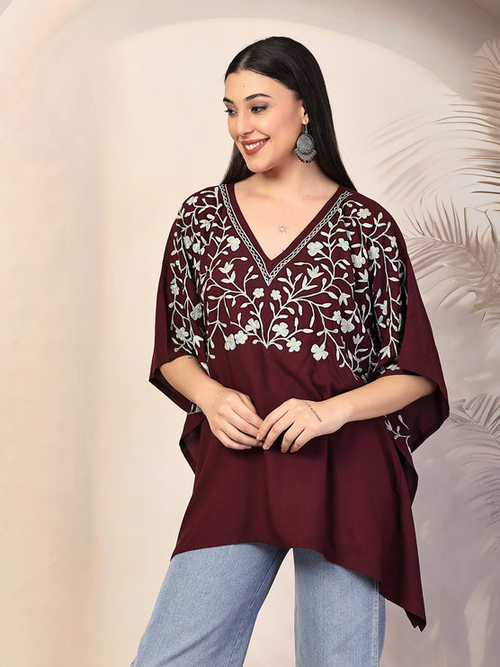 QAZMI Sheen V-Neck Flared Sleeves Kashmiri Aari Work Kaftan Kurti