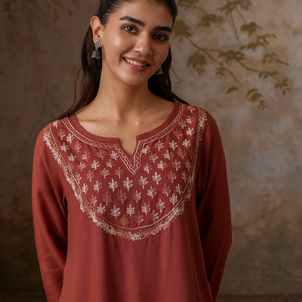 Qazmi Women's Azra Kashmiri A-Line Full Sleeves Viscose Rayon Short Kurti