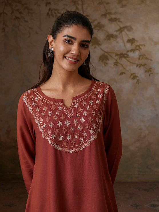 Qazmi Women's Azra Kashmiri A-Line Full Sleeves Viscose Rayon Short Kurti