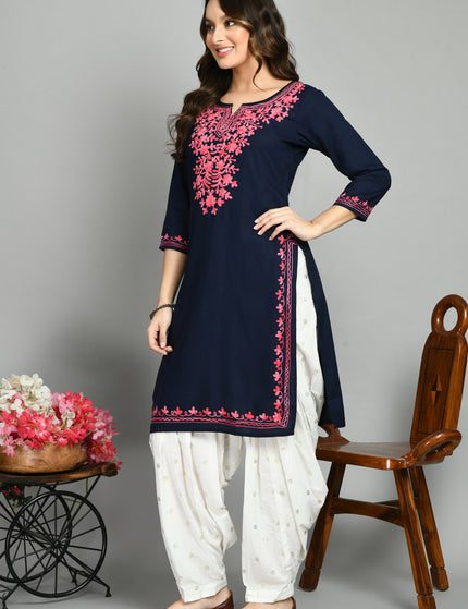 Blue Pink Aari Long Kurti For Women