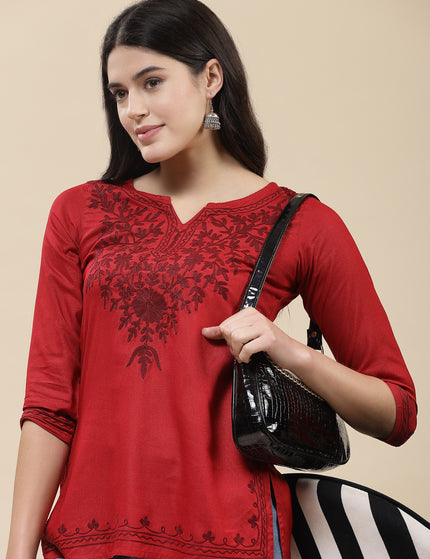 Red Self Aari Short Kurti For Women