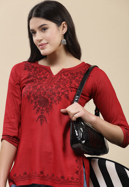 Red Self Aari Short Kurti For Women