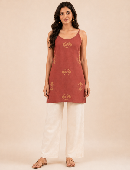 Qazmi Women Embroidered Viscose Rayon Sleeveless Embroidered Kurti