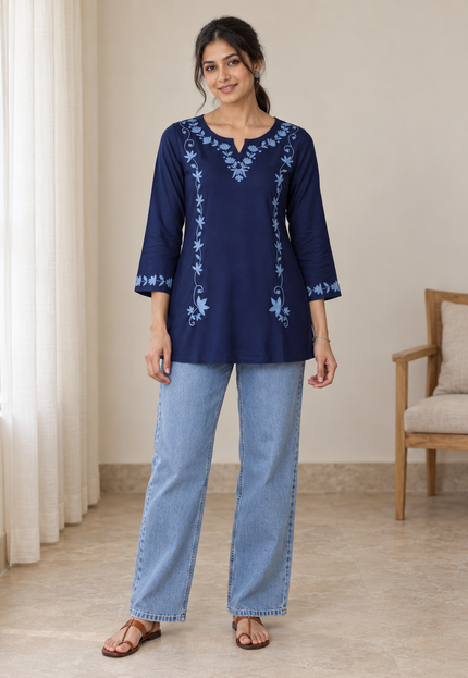 Qazmi Women Kashmiri Aari Embroidered A-Line Viscose Rayon Short Kurti with Full Sleeves