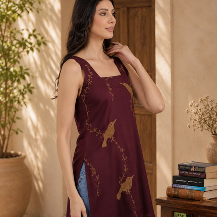 Qazmi Women Embroidered Viscose Rayon Sleeveless Kurti with Square Neck & Tie-Up Back