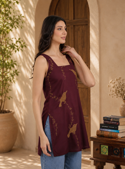 Qazmi Women Embroidered Viscose Rayon Sleeveless Kurti with Square Neck & Tie-Up Back
