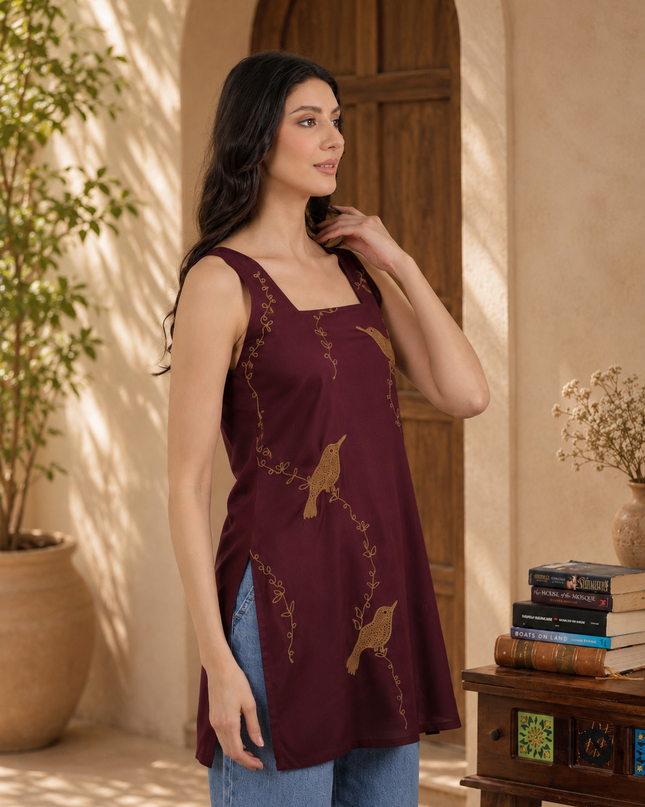 Qazmi Women Embroidered Viscose Rayon Sleeveless Kurti with Square Neck & Tie-Up Back