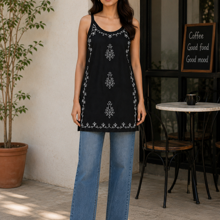 Qazmi Women Embroidered Viscose Rayon Sleeveless Embroidered Kurti