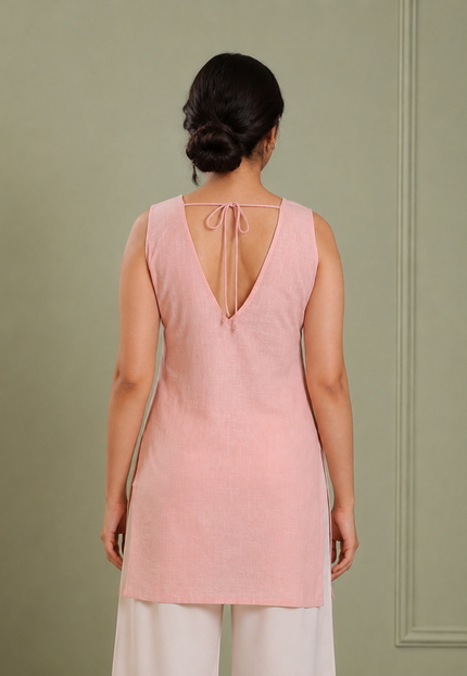 Mishka V-Neck Peach Cotton Sleeveless Kurti