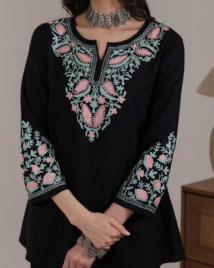 Qazmi Women Aari Embroidered Viscose Rayon A-Line Short Kurti with Full Sleeves