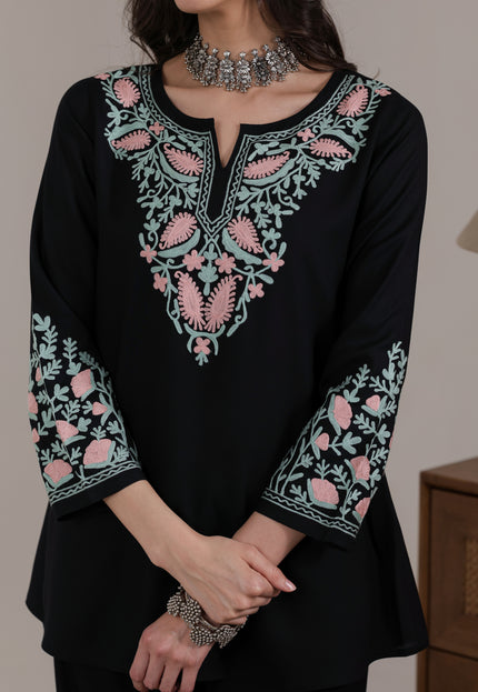 Qazmi Women Aari Embroidered Viscose Rayon A-Line Short Kurti with Full Sleeves