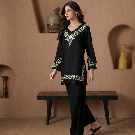 Qazmi Women's Aari Work V-Neck Black CoOrd Set