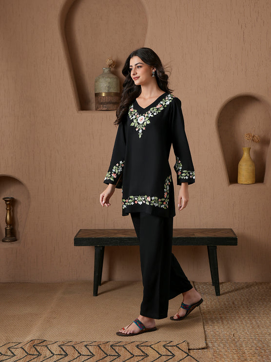 Qazmi Women's Aari Work V-Neck Black CoOrd Set