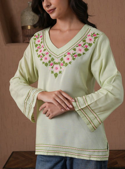 Qazmi Women's Ariana Kashmiri Embroidered V-Neck Short Kurti