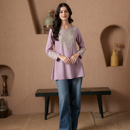 Qazmi Women's Kashmiri A-Line Full Sleeves Viscose Rayon Black Flared Short Kurti