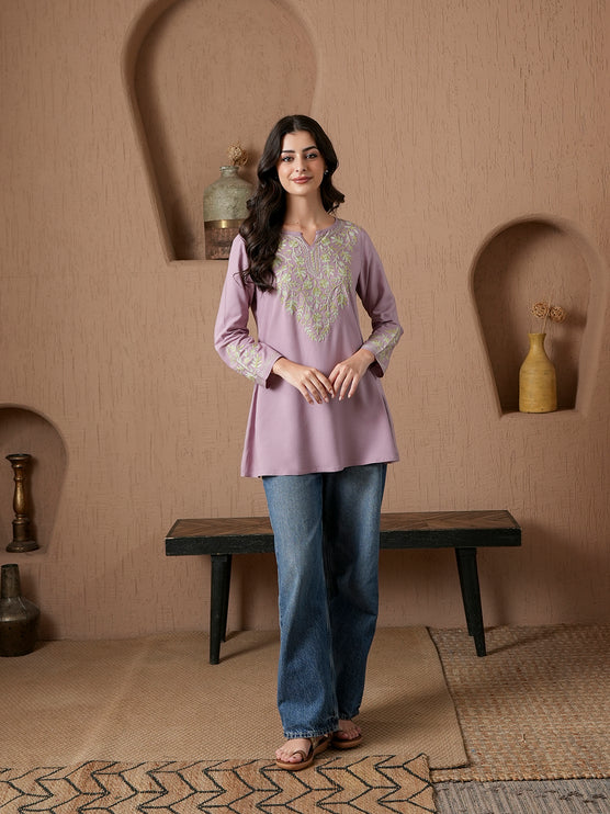 Qazmi Women's Kashmiri A-Line Full Sleeves Viscose Rayon Black Flared Short Kurti