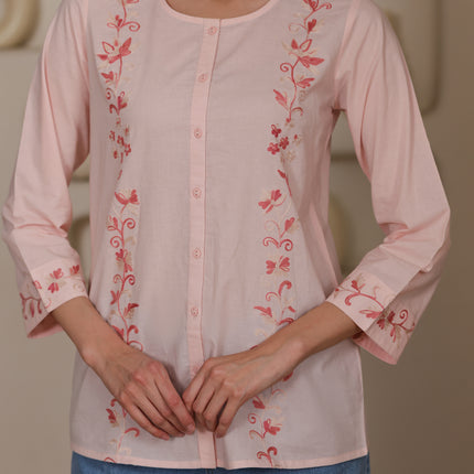 Qazmi Women Aari Embroidered Pure Cotton Mandarin Collar Top