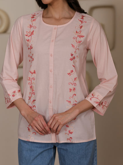Qazmi Women Aari Embroidered Pure Cotton Mandarin Collar Top