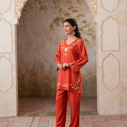 Qazmi Women's Aari Work V-Neck Black CoOrd Set