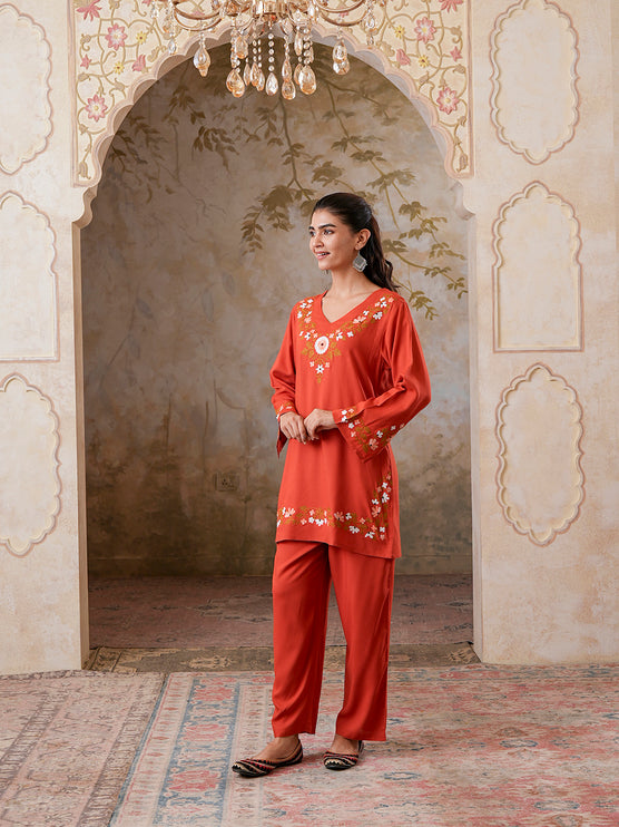 Qazmi Women's Aari Work V-Neck Black CoOrd Set