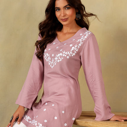 Qazmi Women's Aari Embroidered Viscose Rayon Full Sleeves Straight Kurti