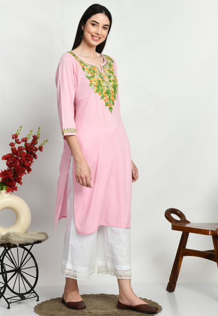 Light Pink Multi Aari Long Kurti For Women