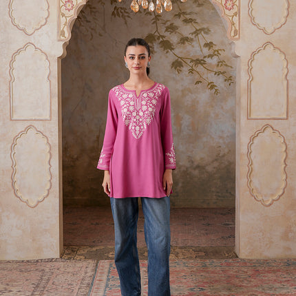 Qazmi Women's Kashmiri A-Line Full Sleeves Viscose Rayon Black Flared Short Kurti