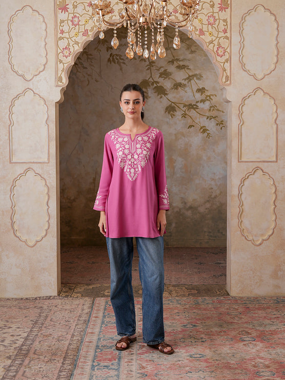 Qazmi Women's Kashmiri A-Line Full Sleeves Viscose Rayon Black Flared Short Kurti