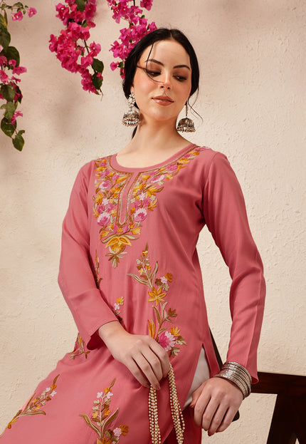 Qazmi Women's Sahar Kashmiri Aari Work Straight Kurta