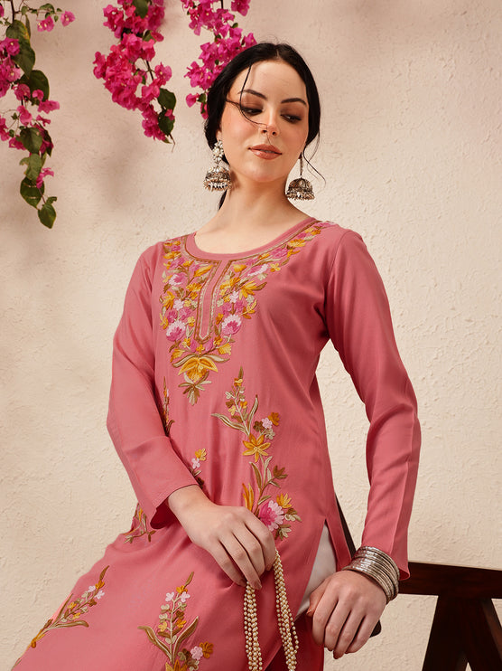 Qazmi Women's Sahar Kashmiri Aari Work Straight Kurta