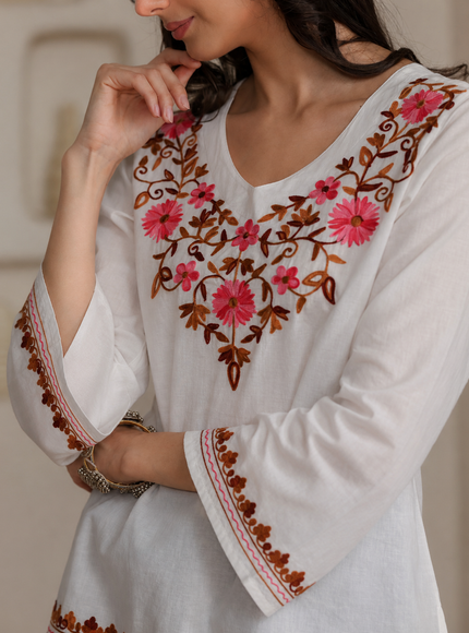 Qazmi Women's Nafisa Kashmiri Aari Work V-Neck Blue Kurti