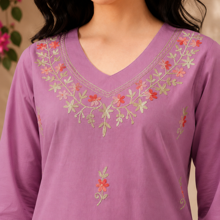 Qazmi Women's Raisa Kashmiri Aari Work V-Neck White Kurti