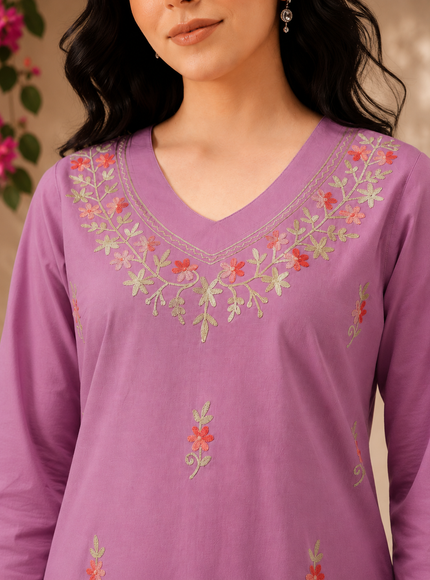 Qazmi Women's Raisa Kashmiri Aari Work V-Neck White Kurti