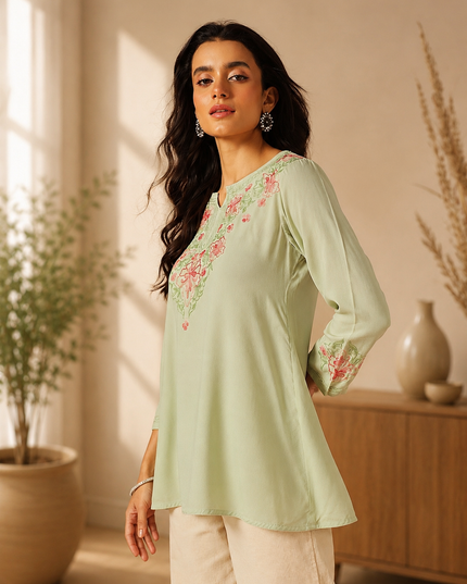 Qazmi Women's Kashmiri A-Line Light Pink Kurti