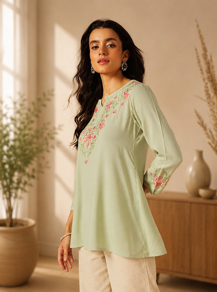 Qazmi Women's Kashmiri A-Line Light Pink Kurti