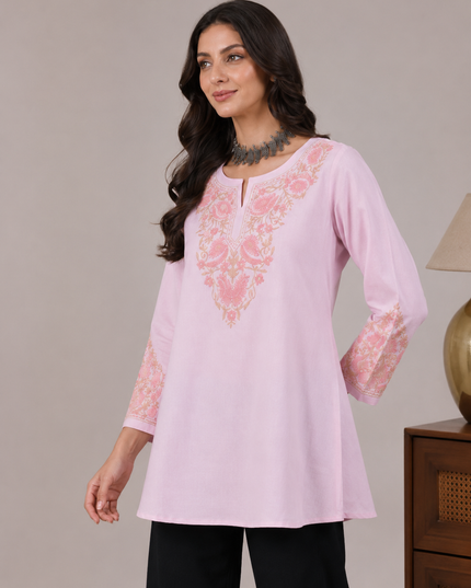 Qazmi Women Aari Embroidered Viscose Rayon A-Line Short Kurti with Full Sleeves