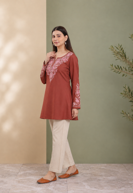 Qazmi Women Aari Embroidered Viscose Rayon A-Line Short Kurti with Full Sleeves