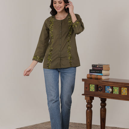 Qazmi Women Aari Embroidered Pure Cotton Mandarin Collar Top