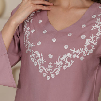 Qazmi Women's Aari Embroidered Viscose Rayon Full Sleeves Straight Kurti